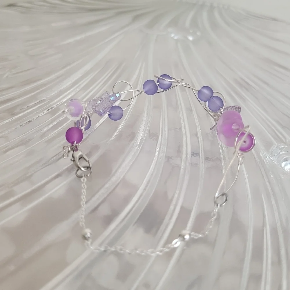 Silver Plated Holographic Butterfly Frosted Glass Wire Ball Chain Bracelet - Picture 6 of 14